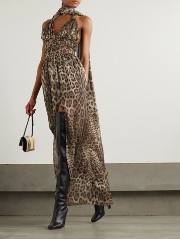Dolce&Gabbana Scarf-detailed smocked leopard-print silk-chiffon gown