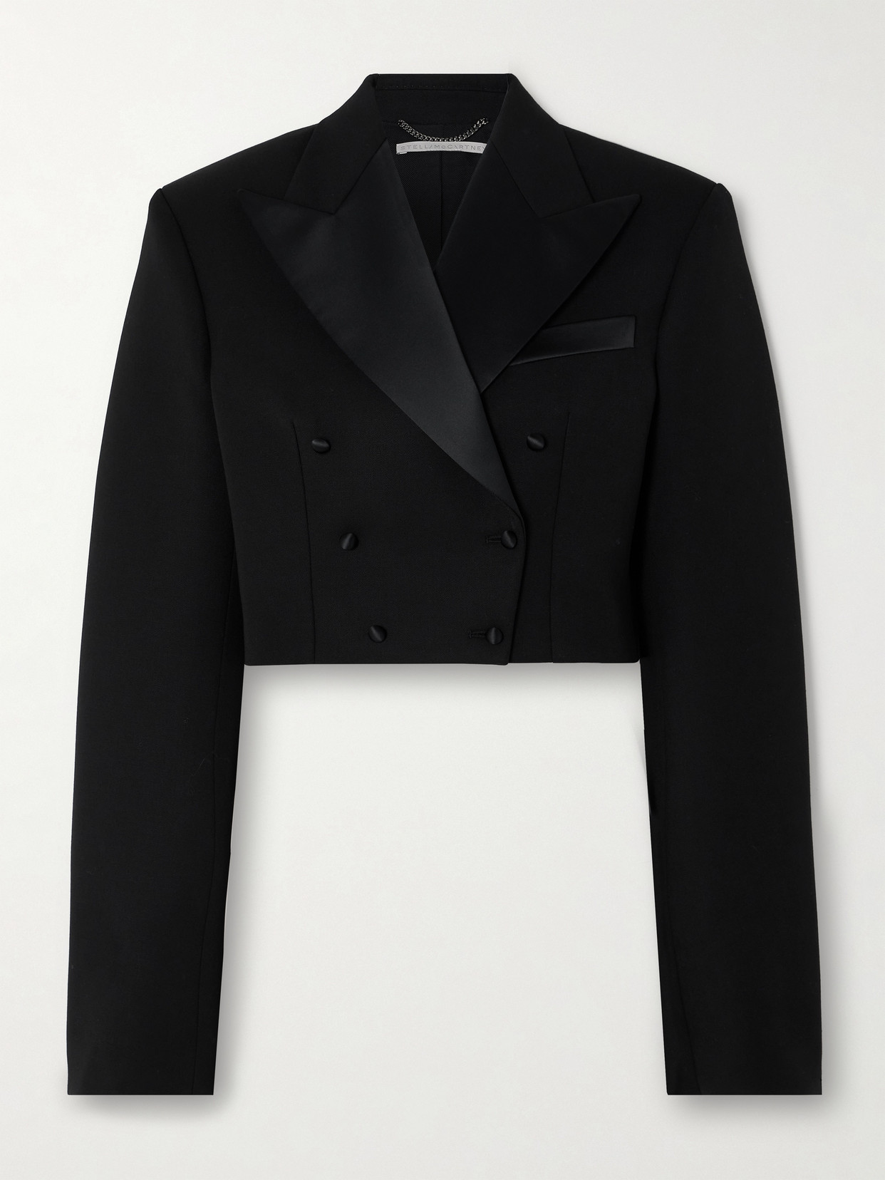 Stella Mccartney + Net Sustain Double-breasted Cropped Satin-trimmed Wool Blazer In Black