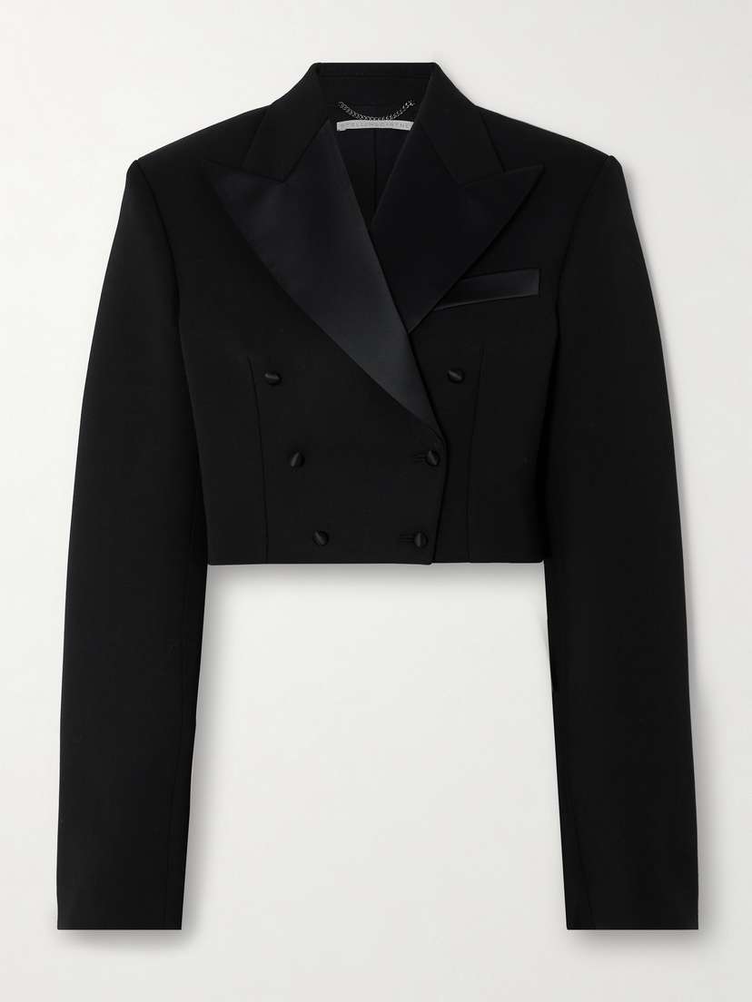 Stella McCartney + Net Sustain Double-breasted Cropped Satin-trimmed Wool Blazer
