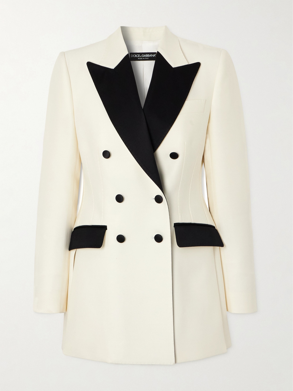 Shop Dolce & Gabbana Double-breasted Silk Satin-trimmed Wool-blend Blazer In White