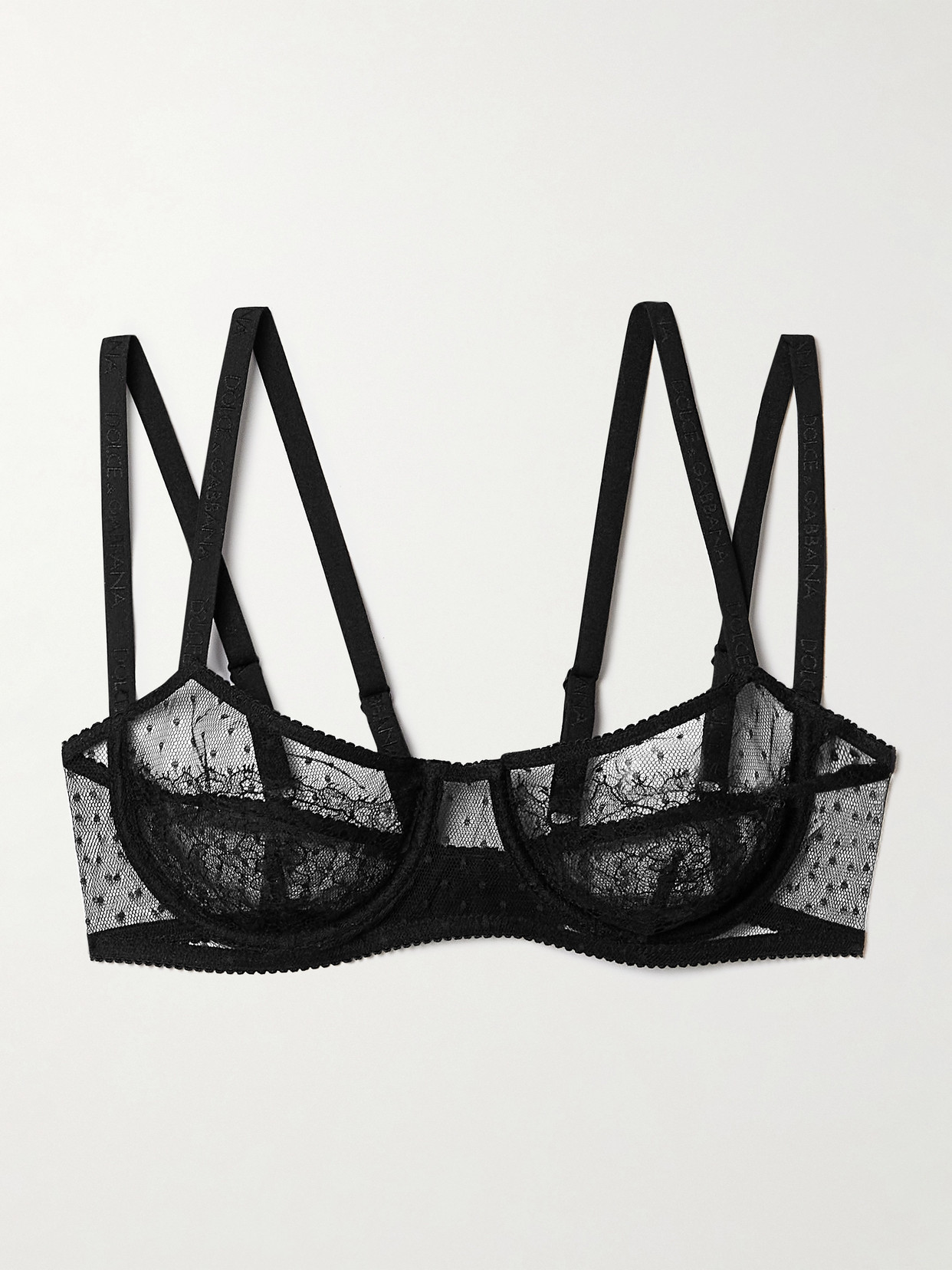 Dolce & Gabbana Polka-dot Tulle And Chantilly Lace Underwired Soft-cup Balconette Bra In Black