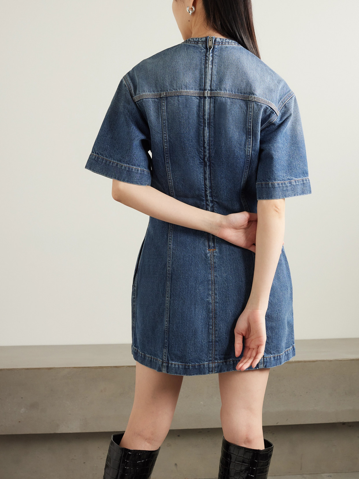 Stella Mccartney Laced V-neck Short-sleeve Vintage Denim Mini Dress In Blue