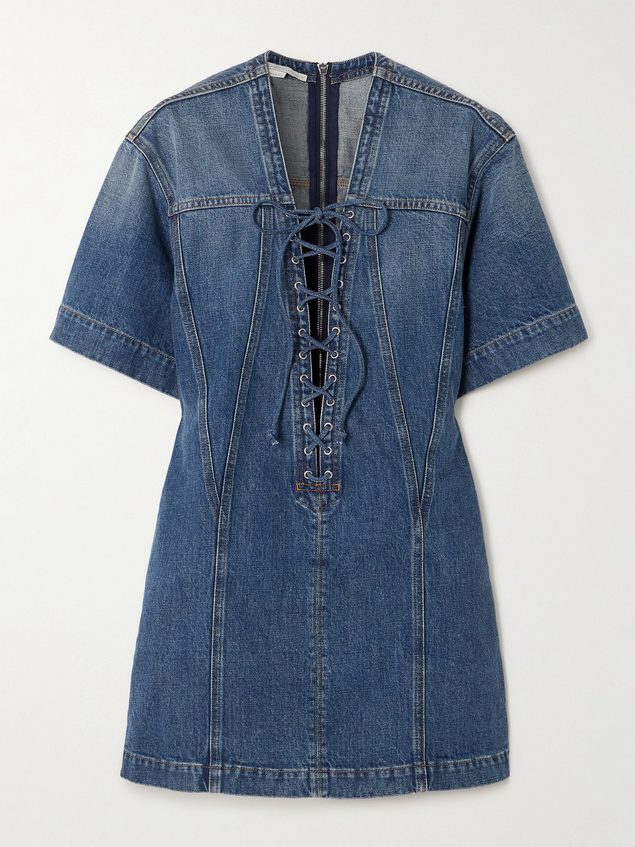 Stella Mccartney Laced V-neck Short-sleeve Vintage Denim Mini Dress In Mid Blue V