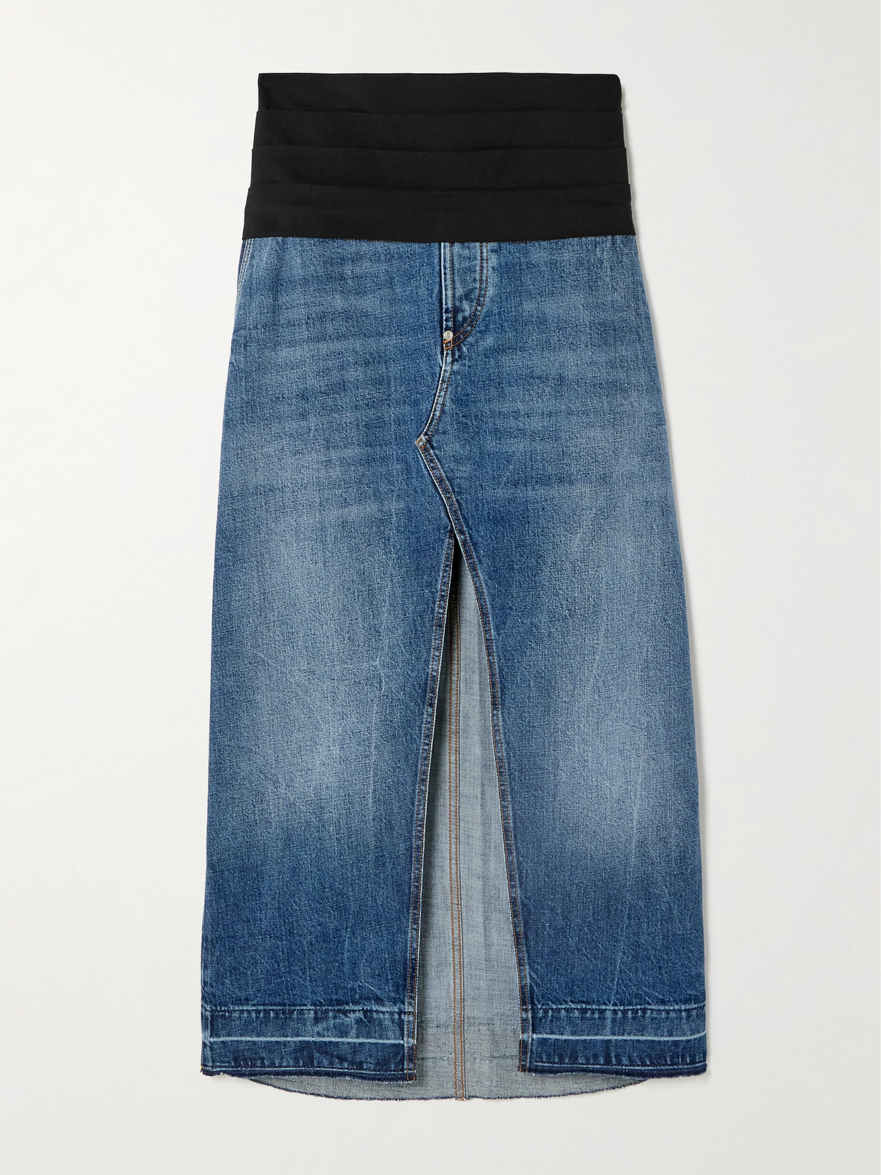 Shop Stella Mccartney + Net Sustain Pleated Faille-paneled Organic Denim Maxi Skirt In Blue