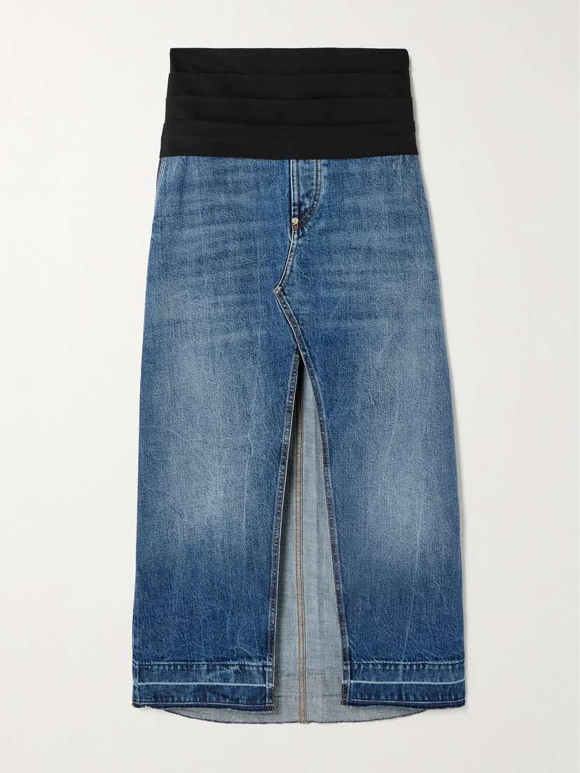 Stella McCartney + Net Sustain Pleated Faille-paneled Organic Denim Maxi Skirt