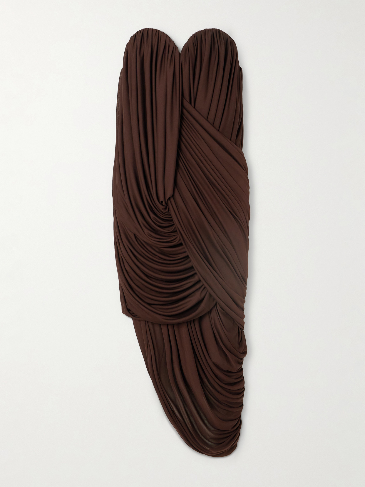 Loewe Strapless Draped Gathered Jersey Midi Dress In Brown