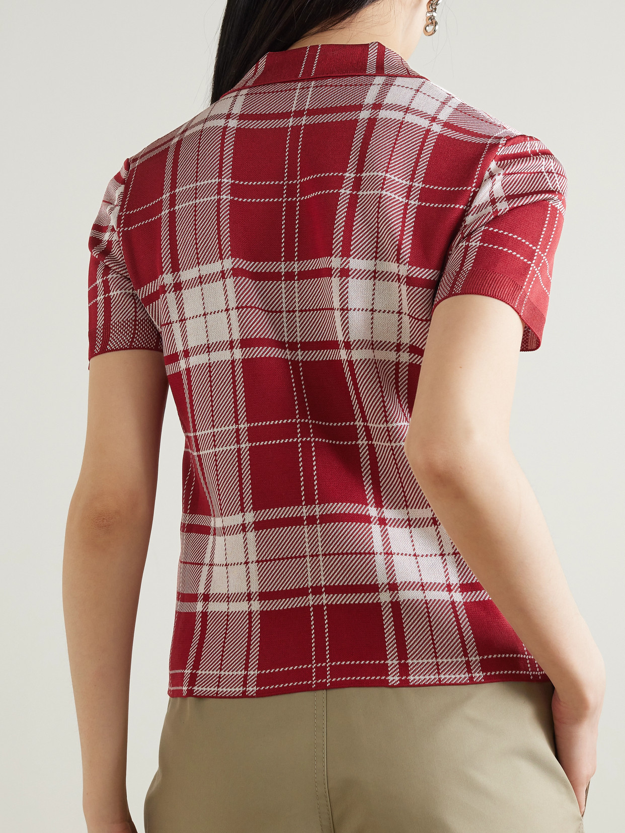 Shop Loewe Cropped Checked Silk-blend Jacquard Polo Shirt In Red