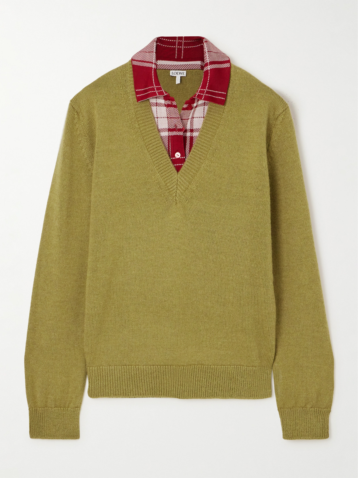 Loewe Paneled Checked Silk Blend-trimmed Knitted Sweater In Green