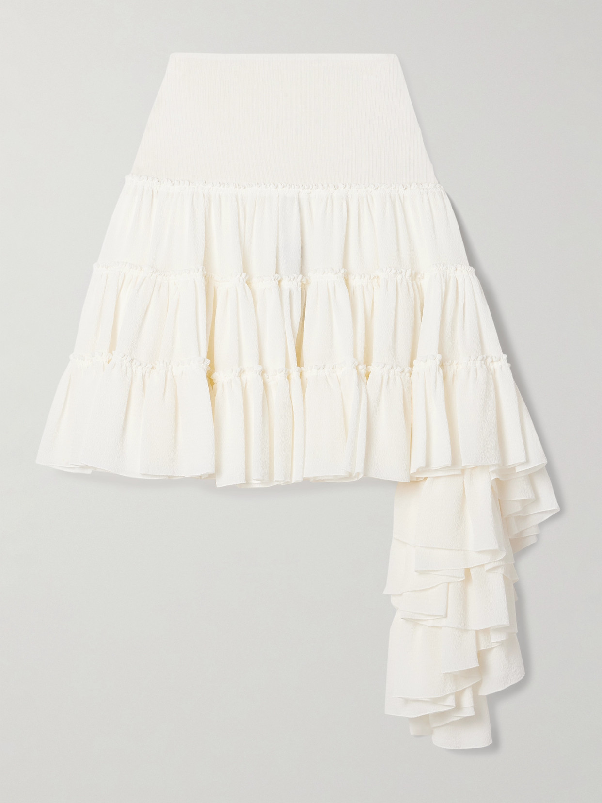 Shop Loewe Ribbed Jersey-trimmed Ruffled Silk-crepe Mini Skirt In White