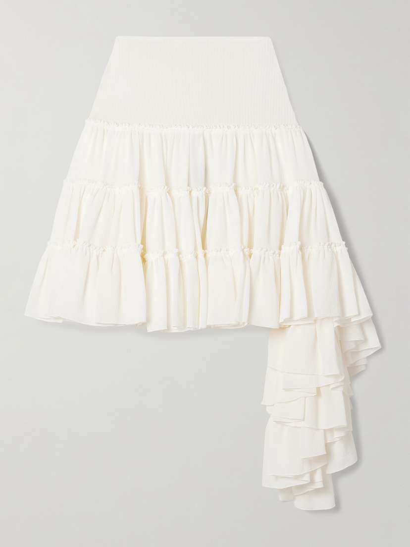 Loewe Ribbed Jersey-trimmed Ruffled Silk-crepe Mini Skirt