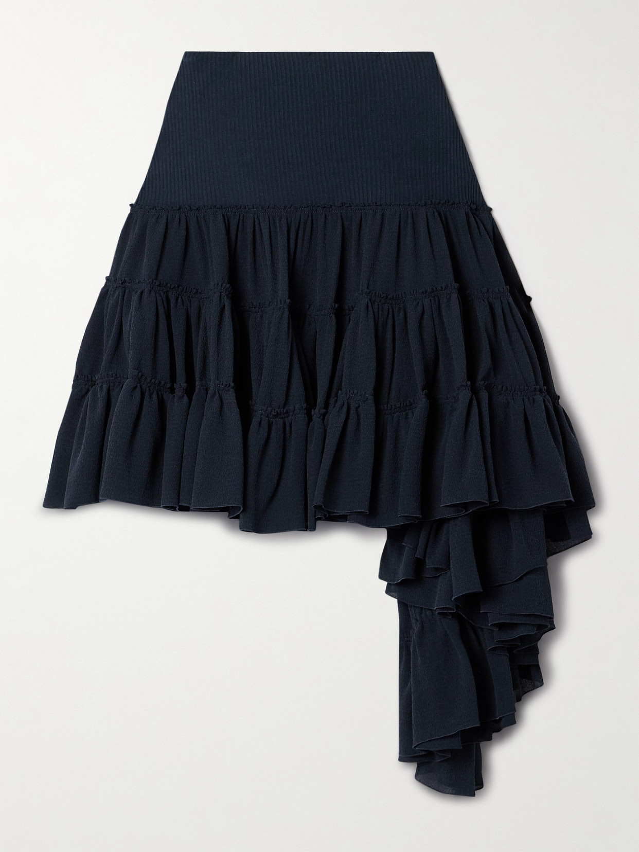 Shop Loewe Ribbed Jersey-trimmed Ruffled Silk-crepe Mini Skirt In Blue