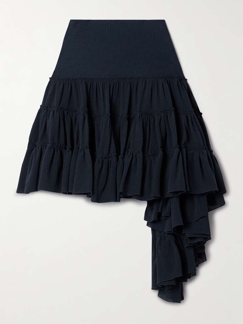 ON Ribbed Jersey-trimmed Ruffled Silk-crepe Mini Skirt