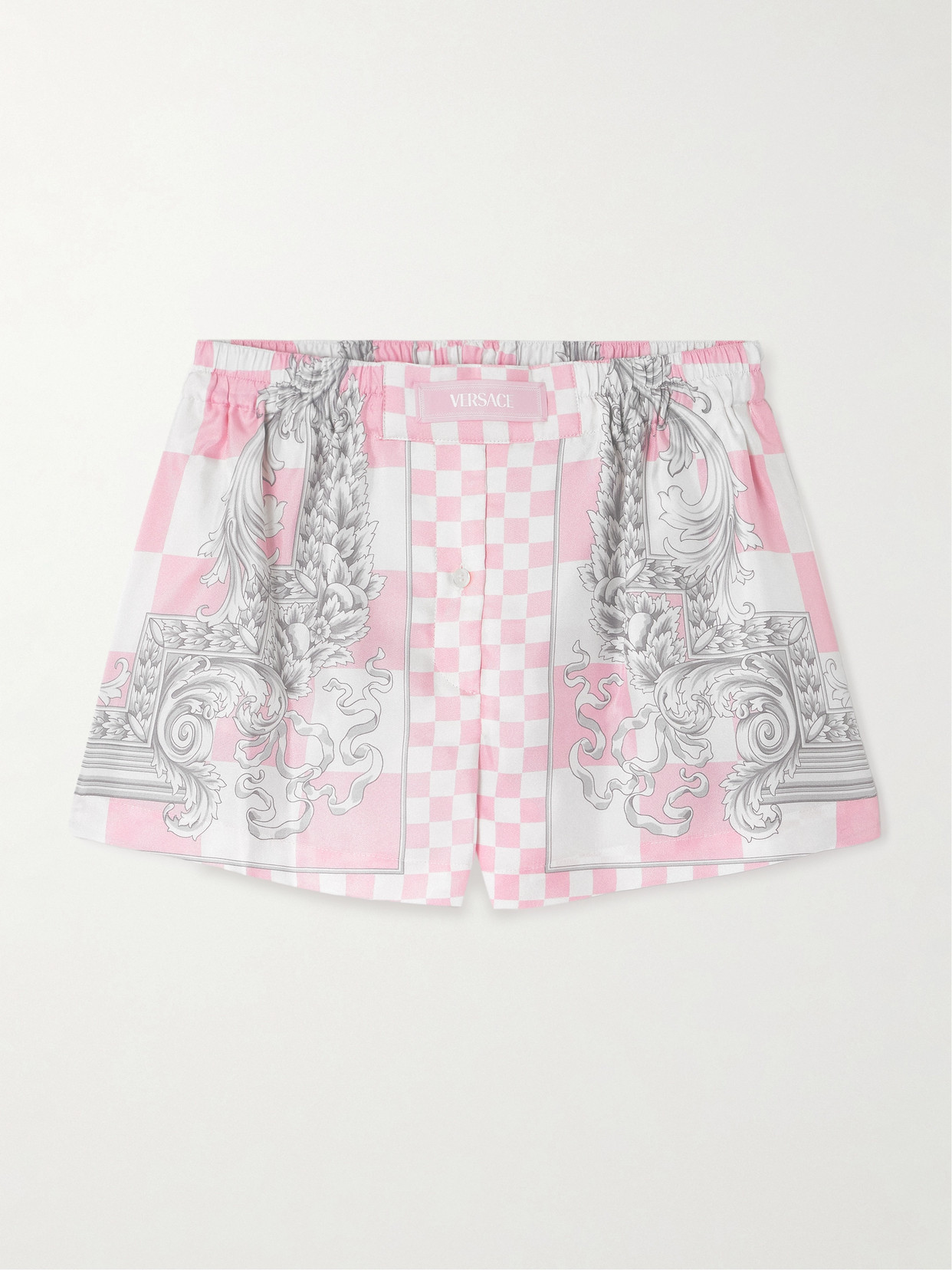 Versace Printed Silk-twill Shorts In Pink