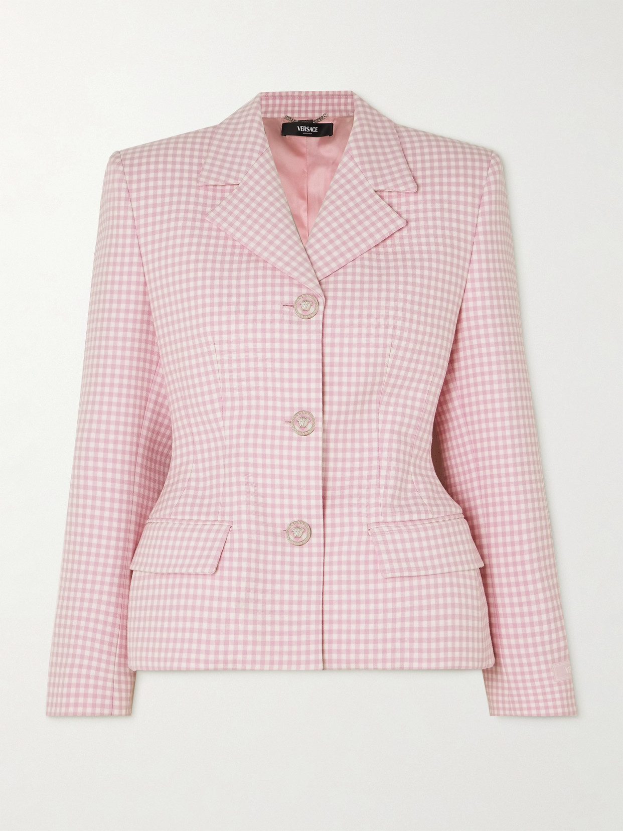 Shop Versace Gingham Wool Blazer In Pink