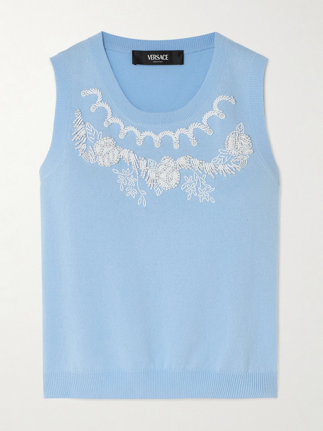 Versace Cropped Embellished Wool And Cashmere-blend Vest In Blue