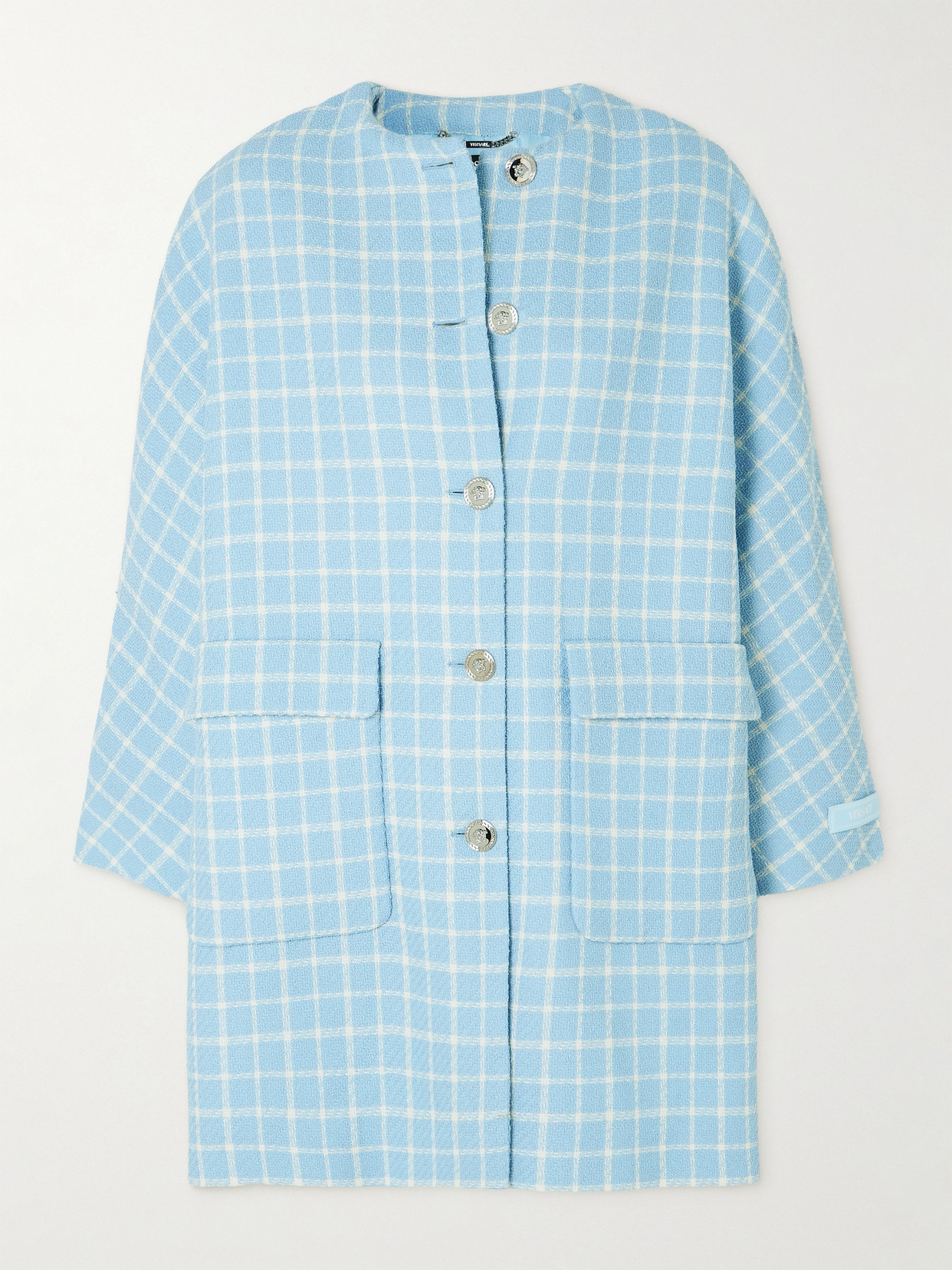 Versace Checked Wool-blend Tweed Coat In Blue