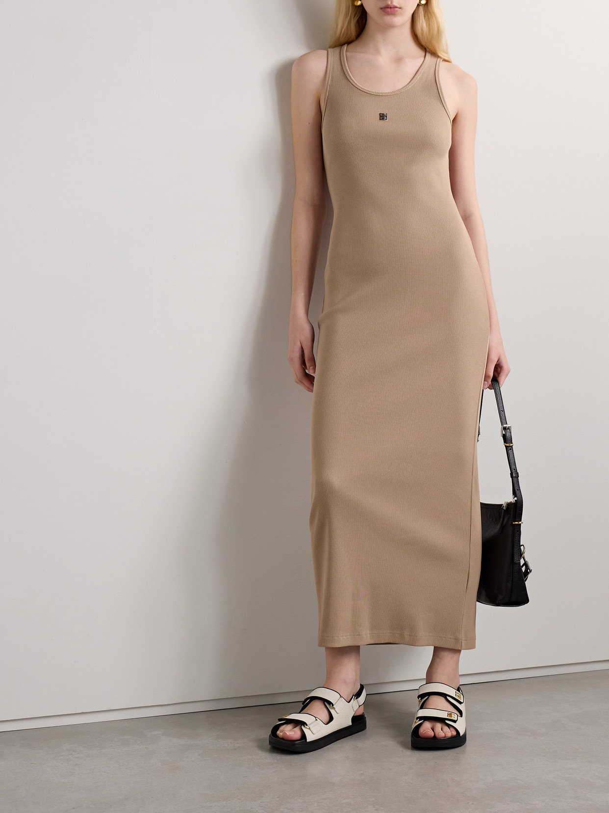 Shop Givenchy Embellished Ribbed Stretch-cotton Midi Dress In Neutrals