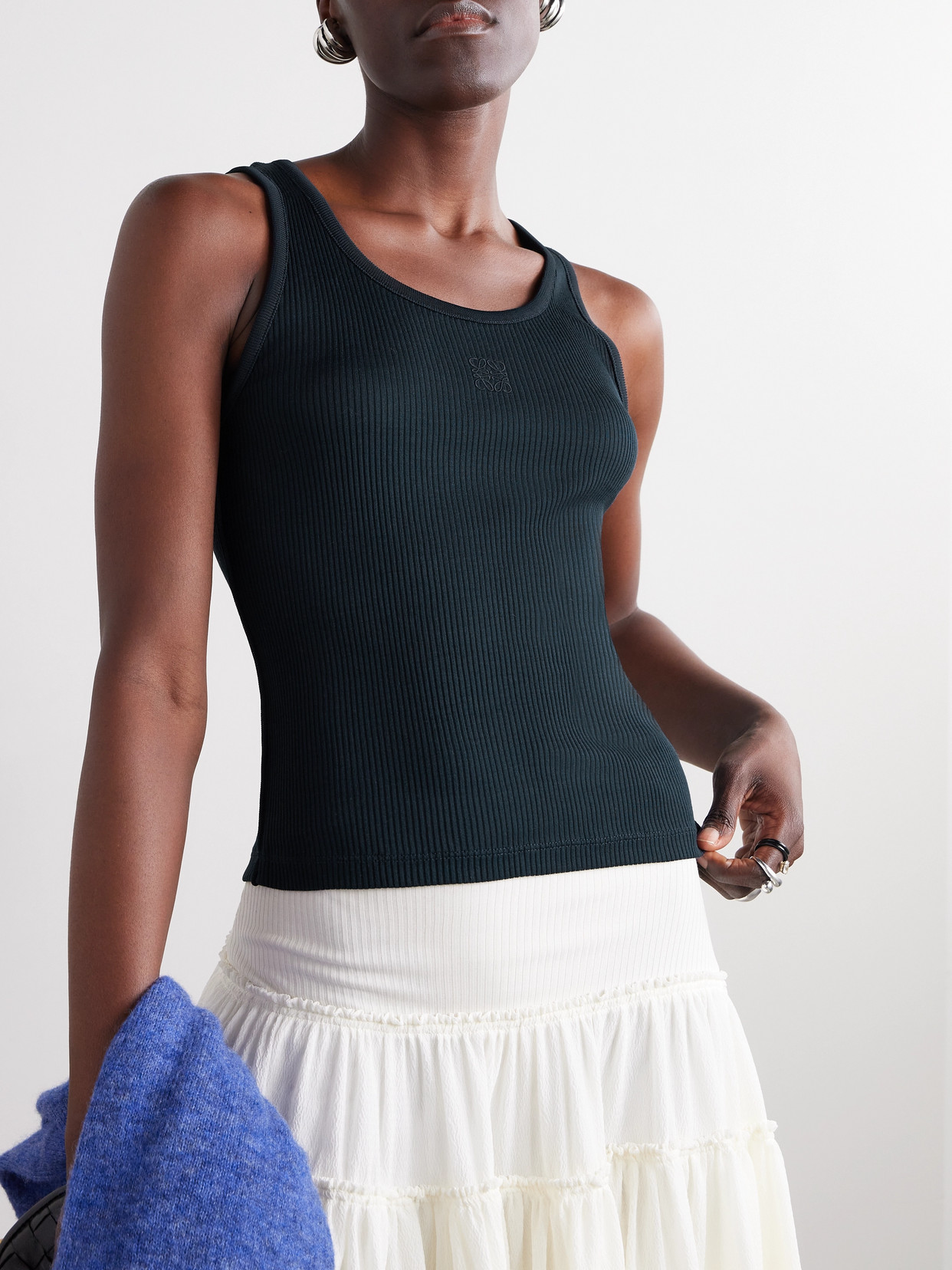 Shop Loewe Embroidered Ribbed Silk Tank In Blue