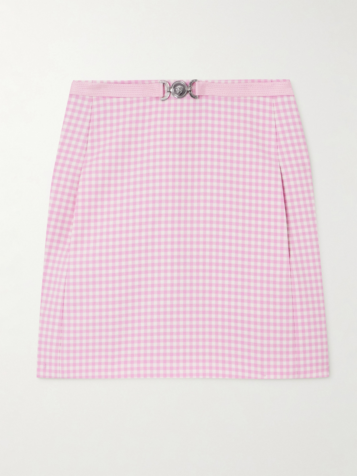 Versace Belted Checked Wool Mini Skirt In Pink