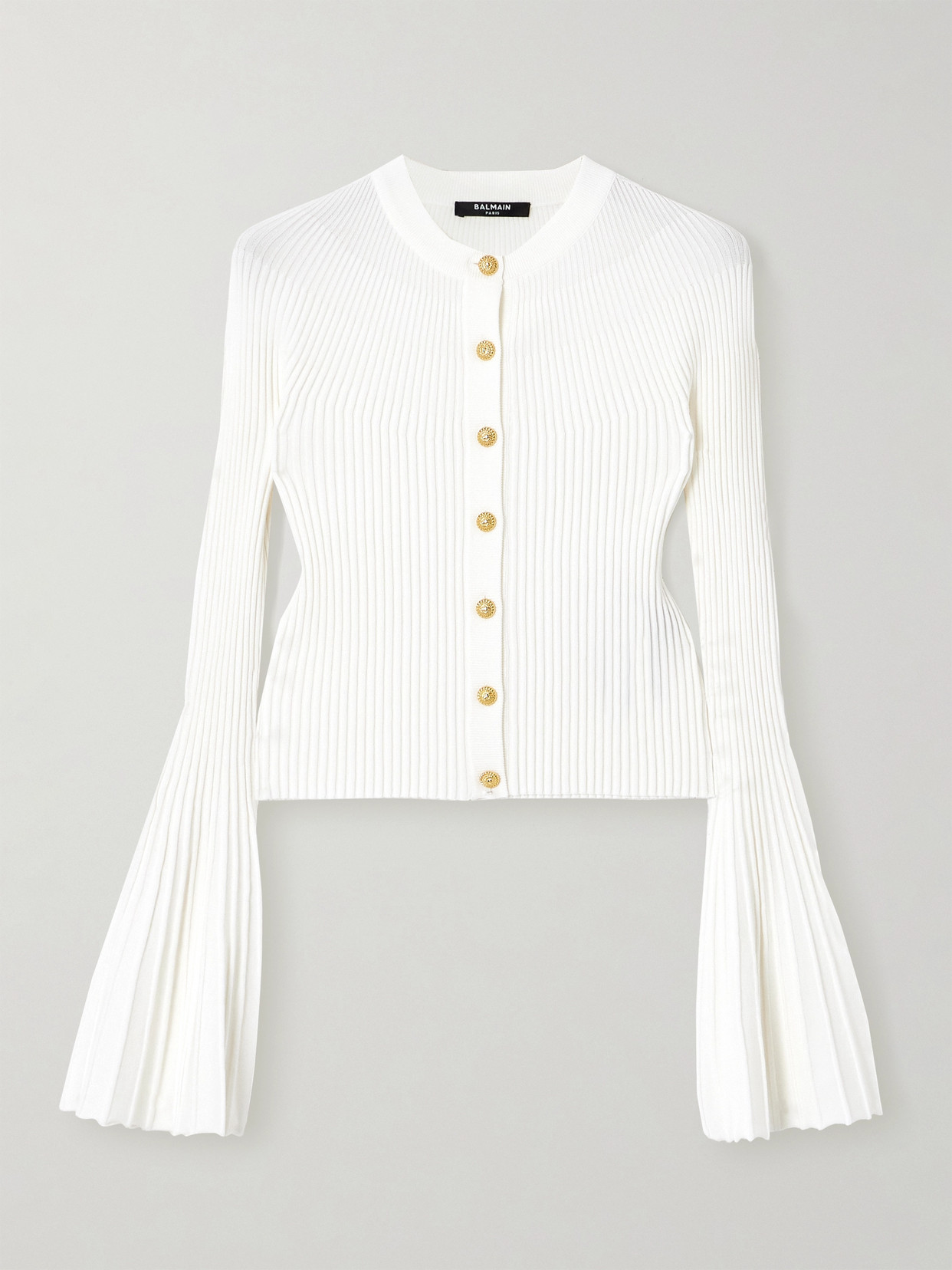 Balmain Pleated Ribbed-knit Cardigan In White