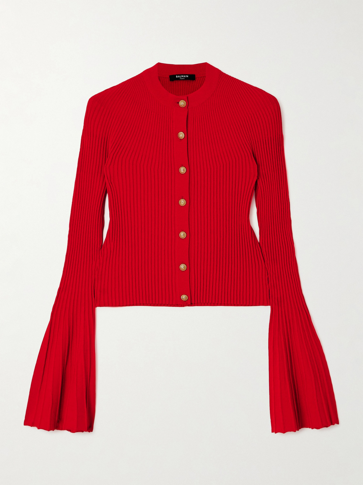 Shop Balmain Pleated Ribbed-knit Cardigan In Red