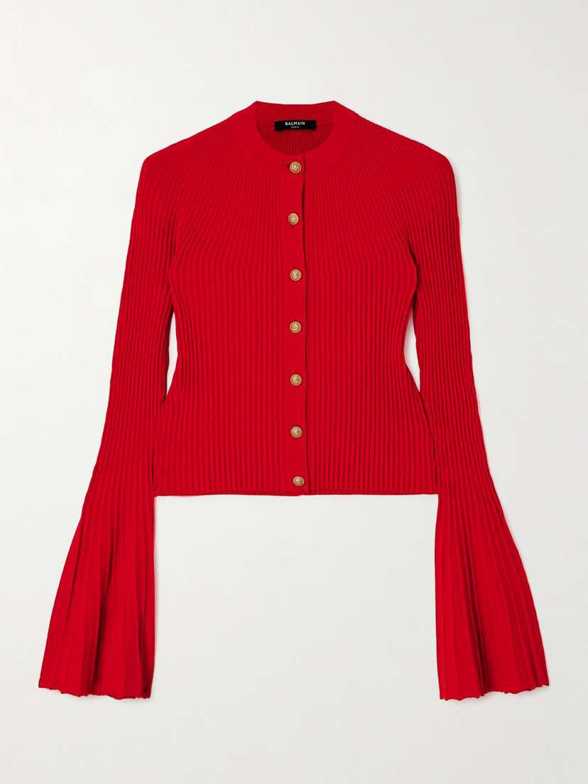 Balmain Pleated Ribbed-knit Cardigan