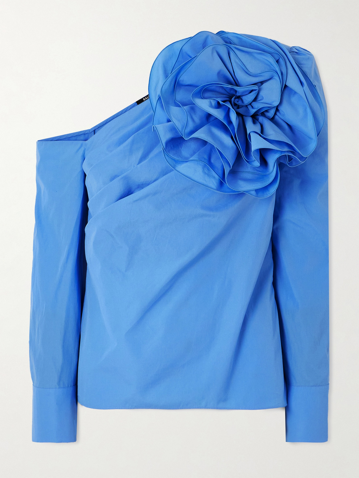 Shop Balmain One-shoulder Appliquéd Cotton-poplin Blouse In Blue