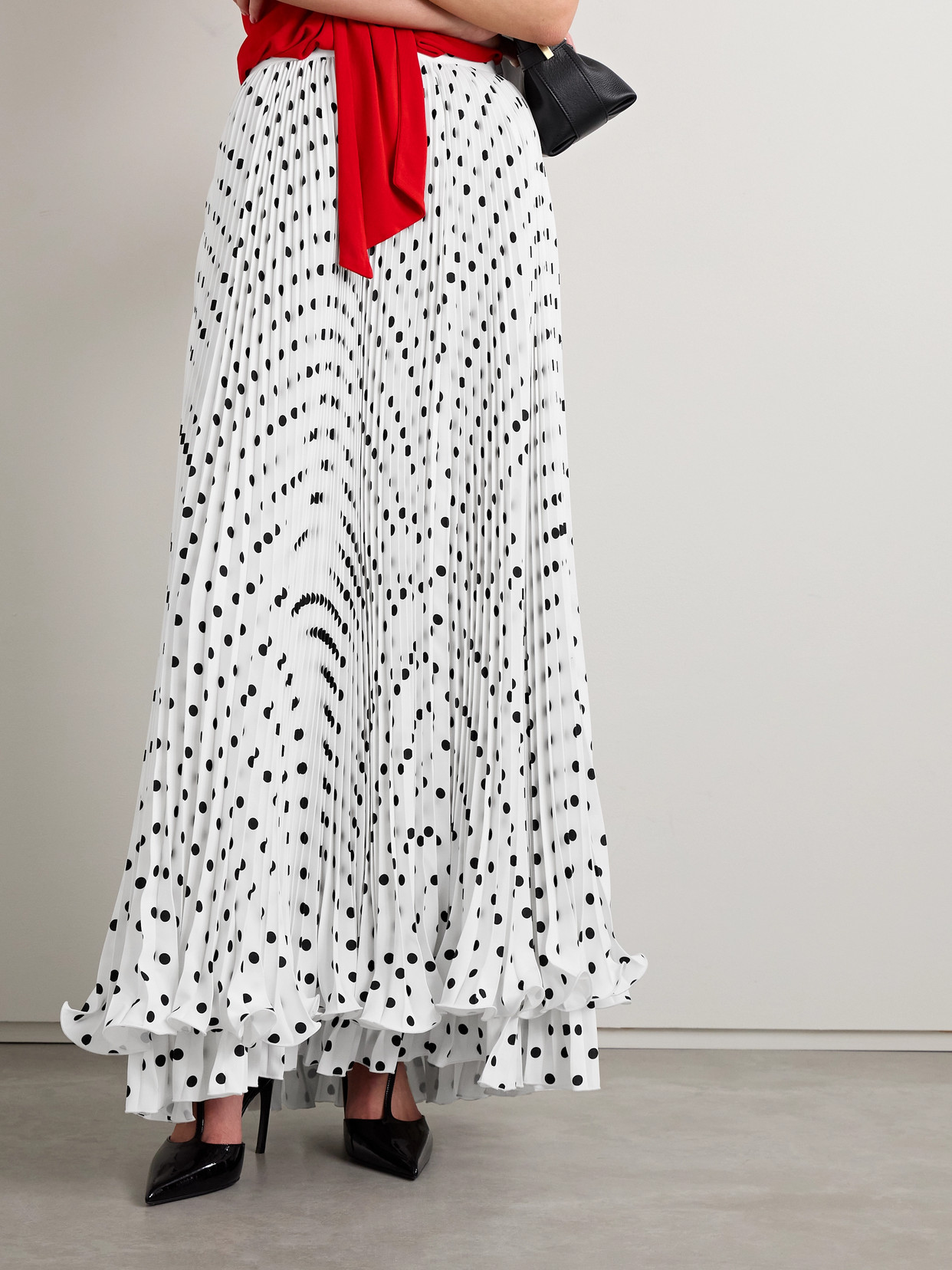 Balmain Ruffled Pleated Polka-dot Crepe Maxi Skirt In White