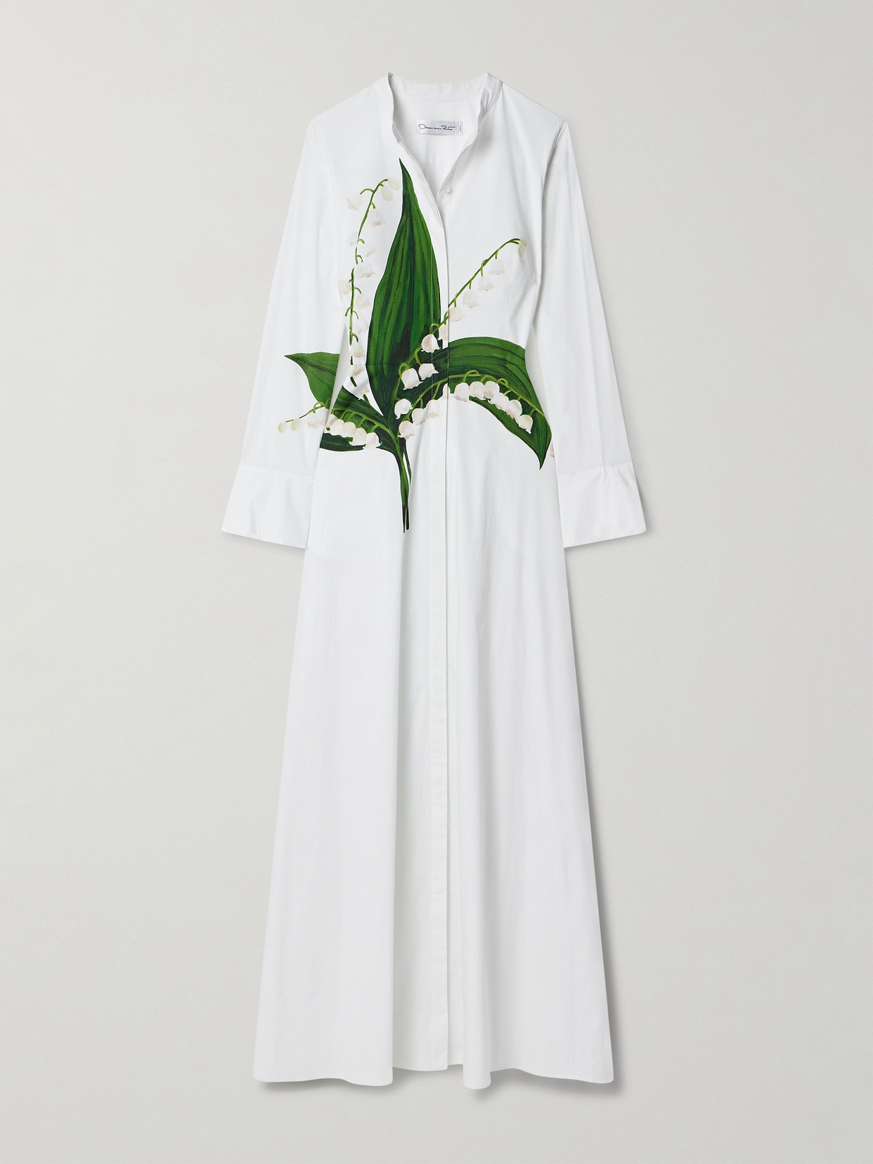 Shop Oscar De La Renta Lily Of The Valley Floral-print Cotton-blend Poplin Maxi Dress In White