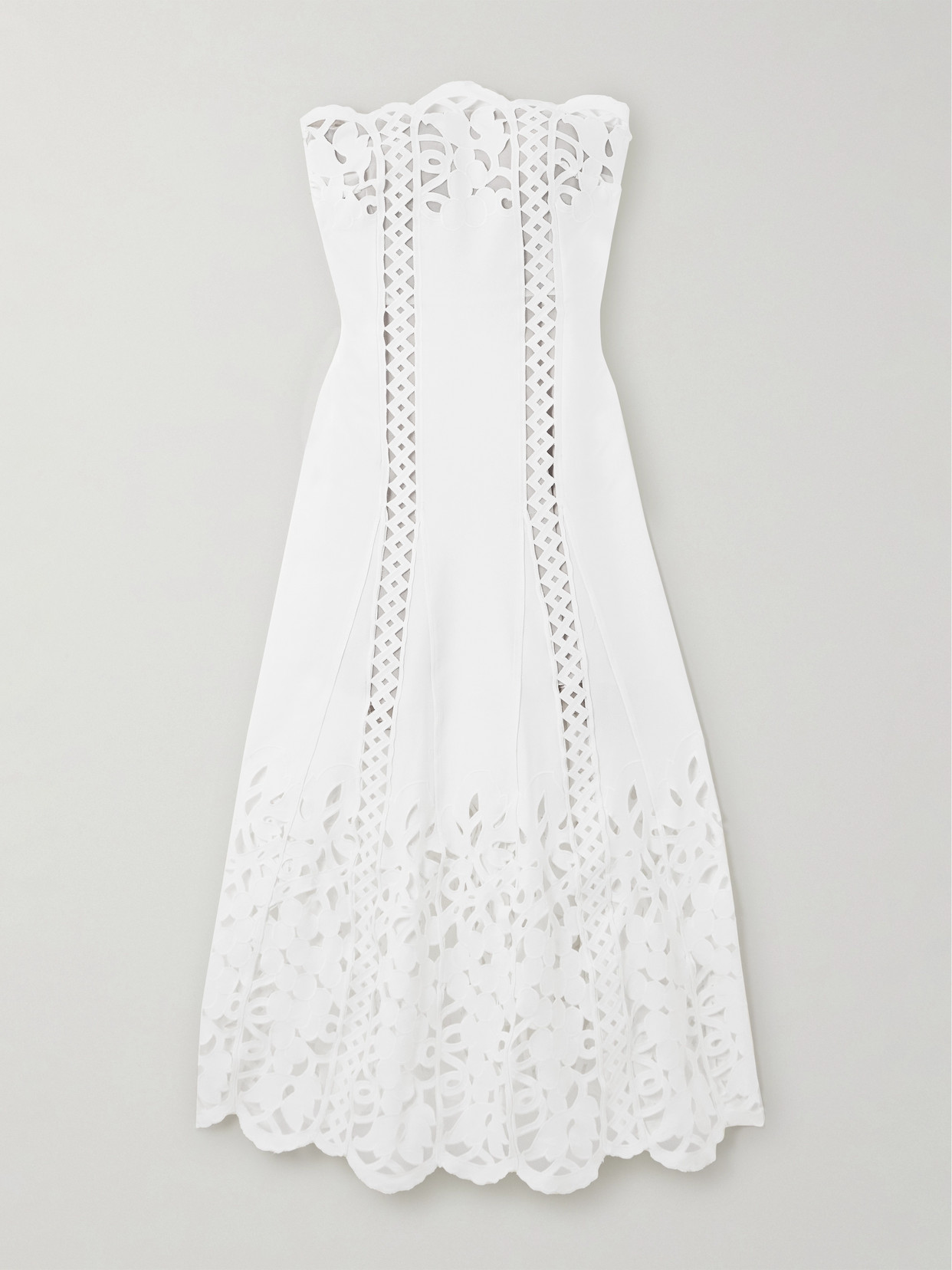 Oscar De La Renta Strapless Broderie Anglaise Midi Dress In White