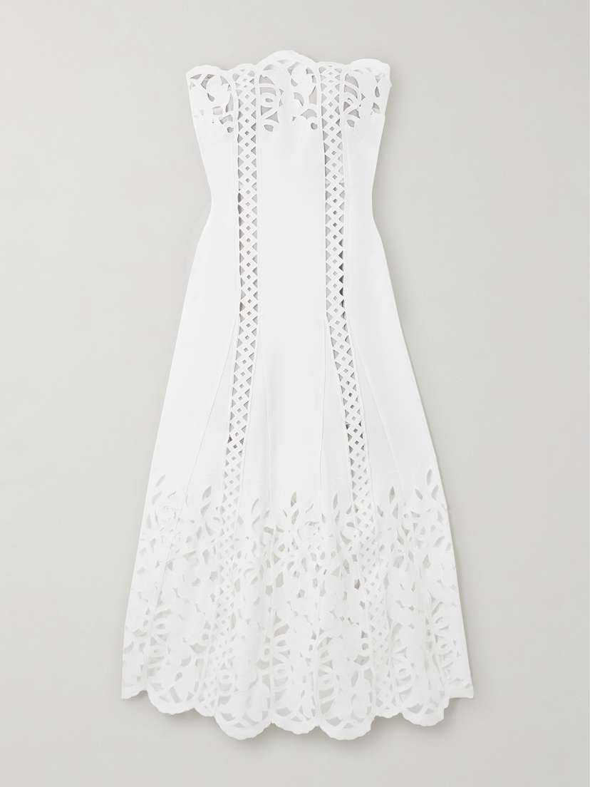 Oscar de la Renta Strapless Broderie Anglaise Midi Dress