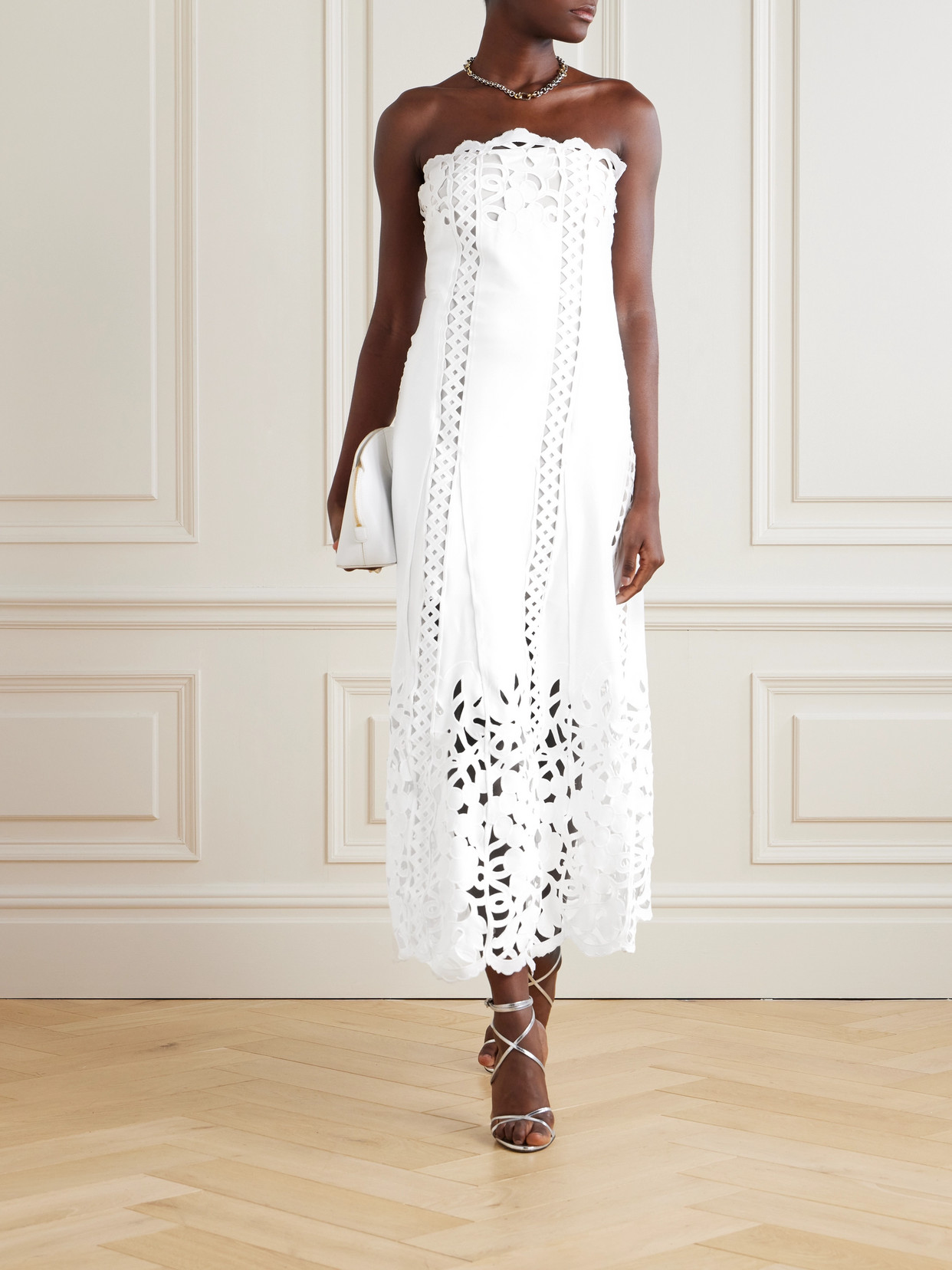 Shop Oscar De La Renta Strapless Broderie Anglaise Midi Dress In White