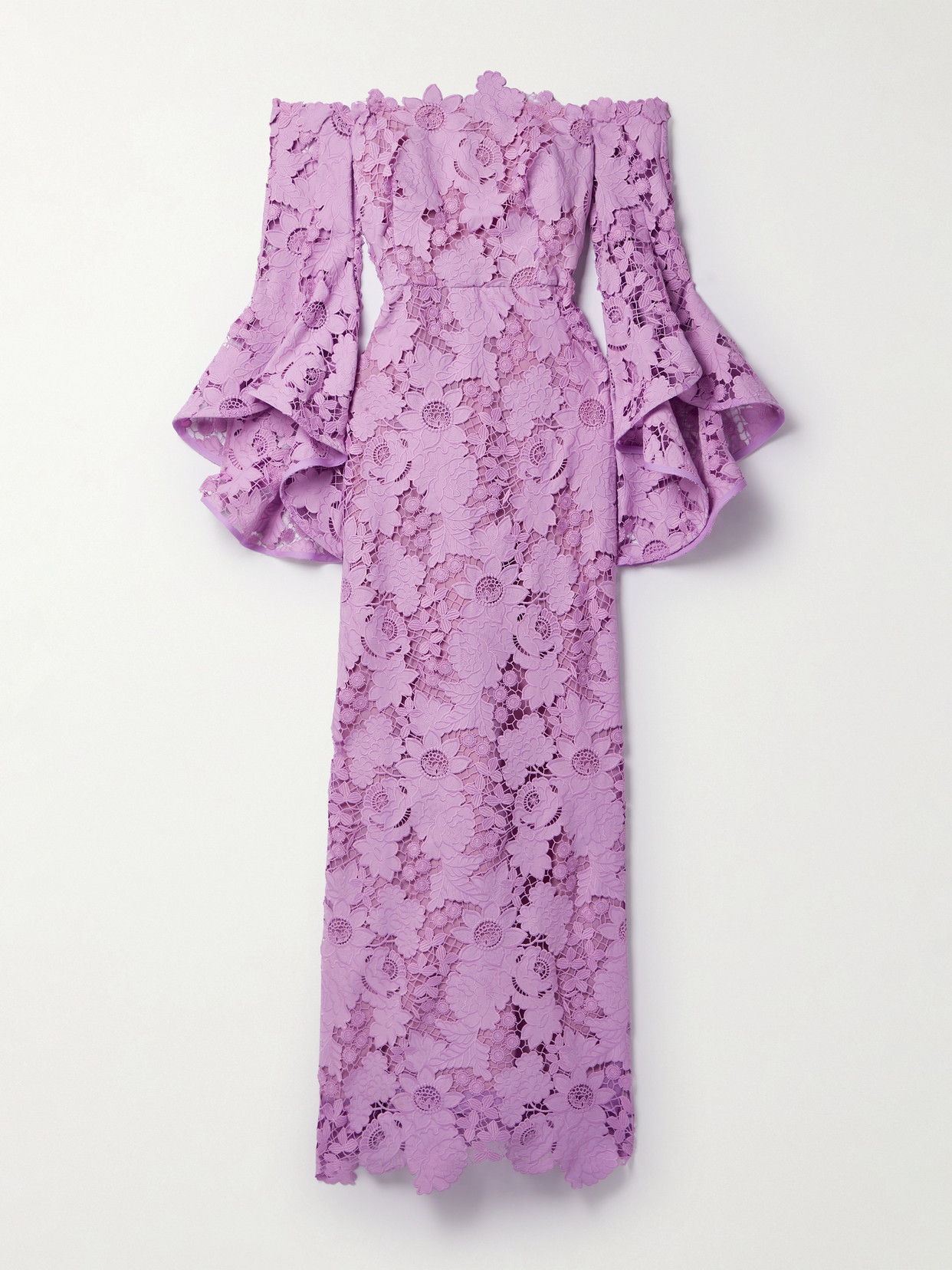 Oscar De La Renta Off-the-shoulder Ruffled Guipure Lace Gown In Purple