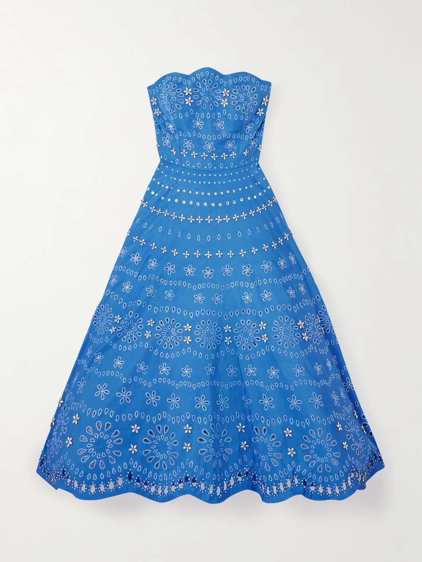 Oscar de la Renta Strapless Crystal-embellished Broderie Anglaise Twill Midi Dress