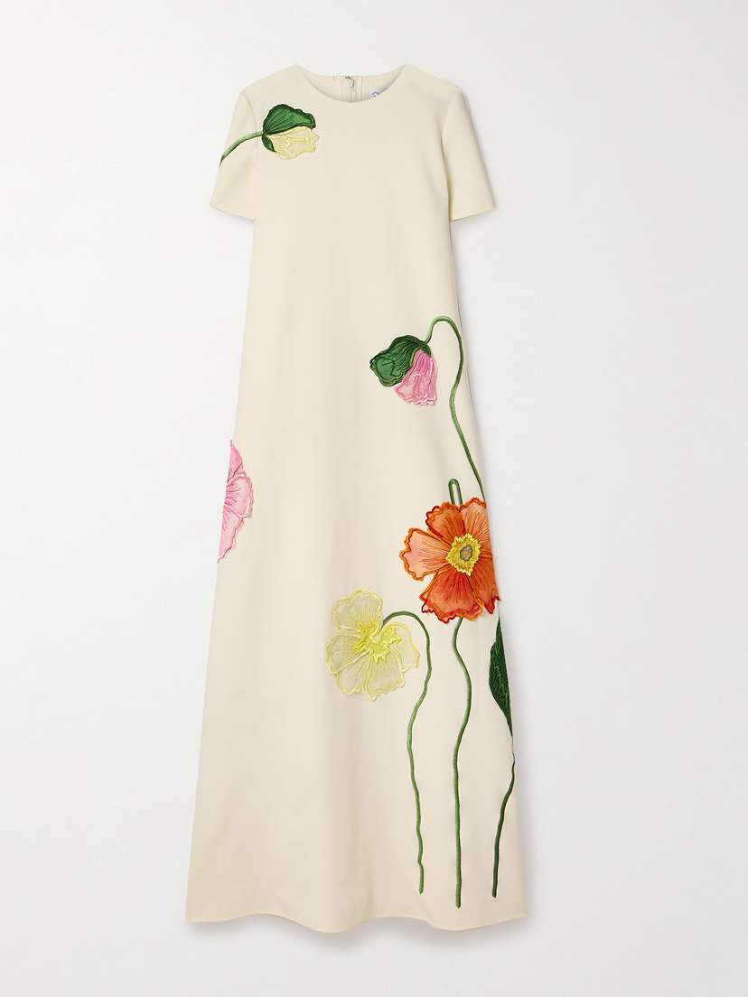 Oscar de la Renta Embroidered Appliquéd Crepe Gown