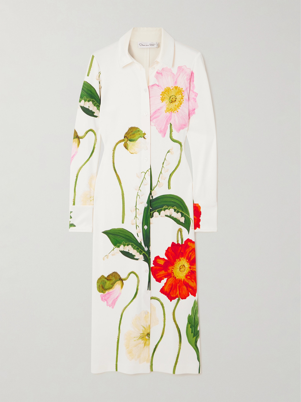 Oscar de la Renta - Floral-print Stretch-jersey Midi Shirt Dress - White