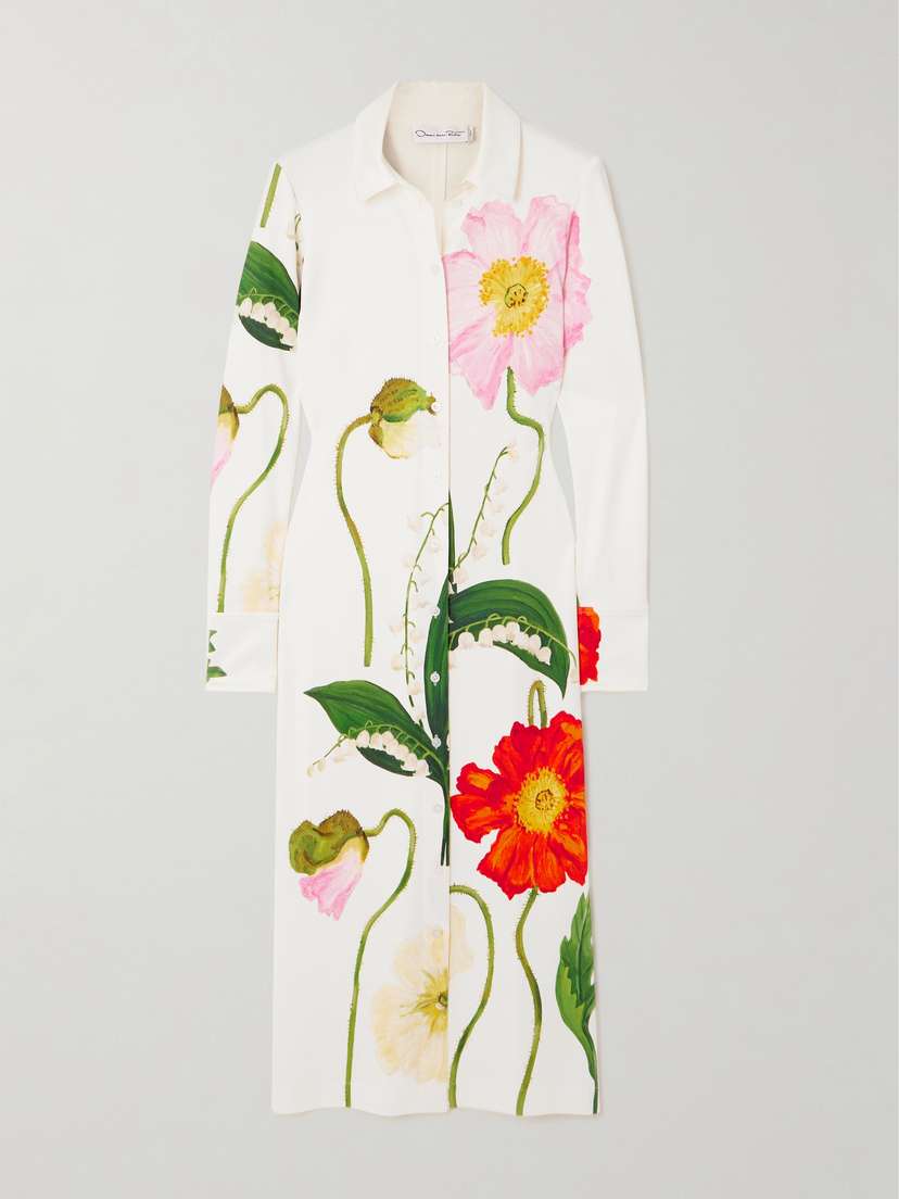 Oscar de la Renta Floral-print Stretch-jersey Midi Shirt Dress