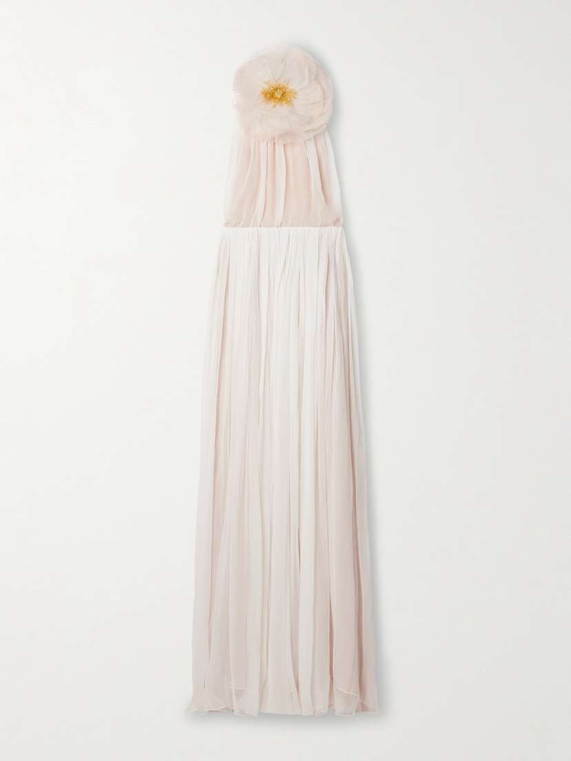 Oscar de la Renta Embellished Organza-trimmed Silk-crepon Halterneck Gown