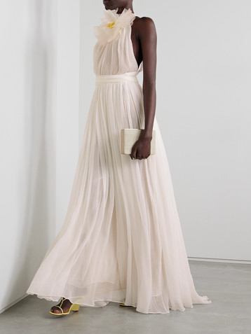 Oscar de la Renta Embellished organza-trimmed silk-crepon halterneck gown