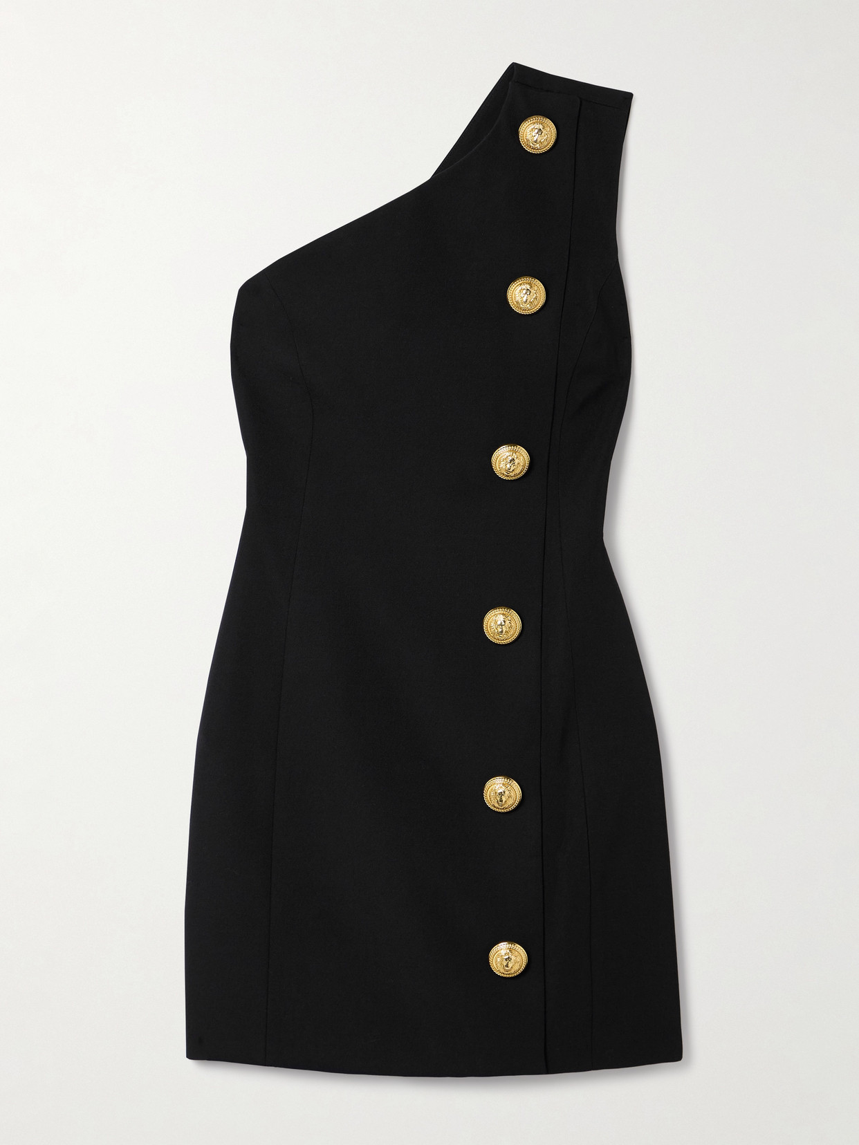 Balmain - One-shoulder Button-embellished Grain De Poudre Wool Mini Dress - Black