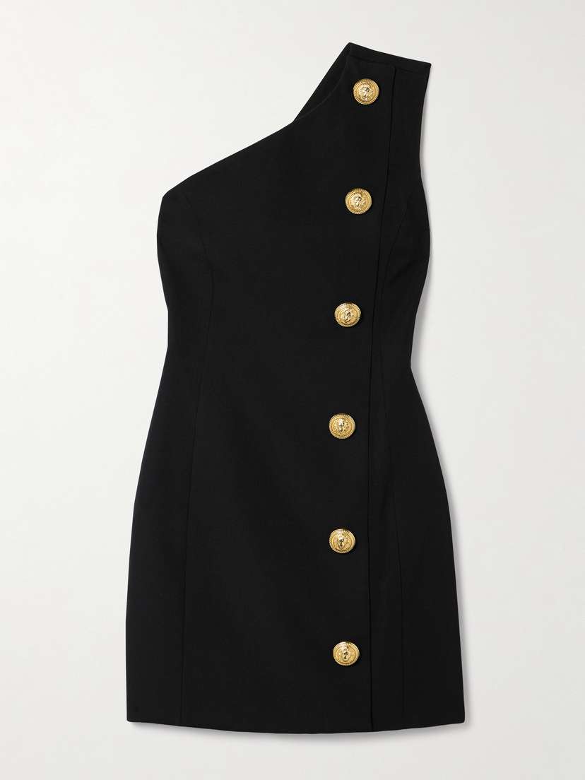 Balmain One-shoulder Button-embellished Grain De Poudre Wool Mini Dress