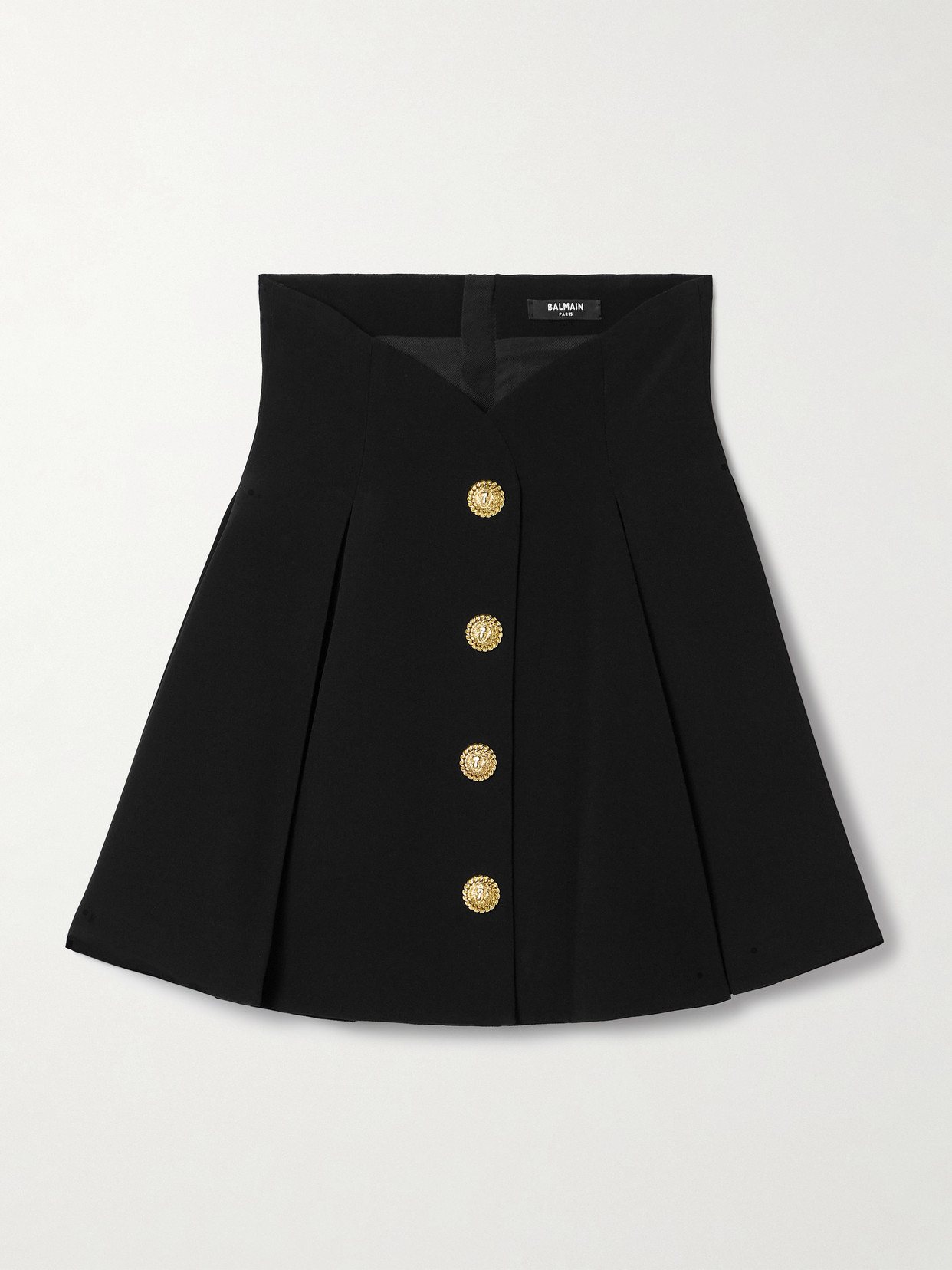 Balmain Button-embellished Pleated Crepe Mini Skirt In Black