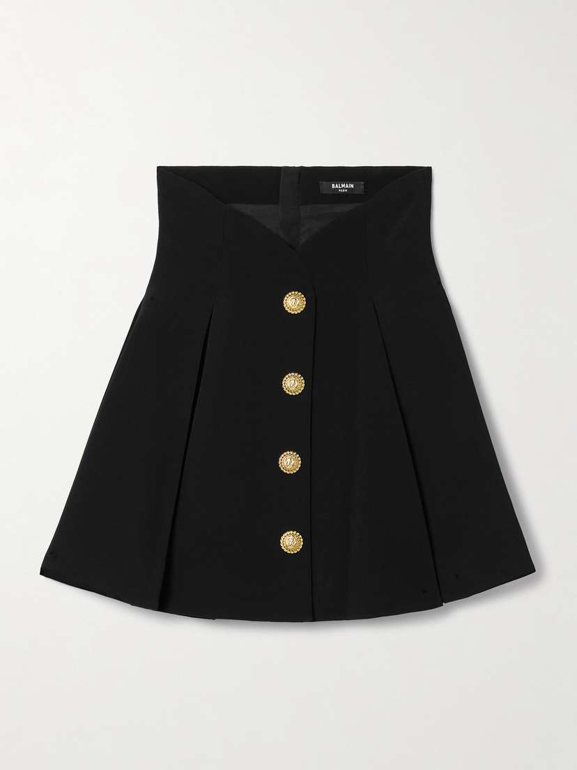 Balmain Button-embellished Pleated Crepe Mini Skirt
