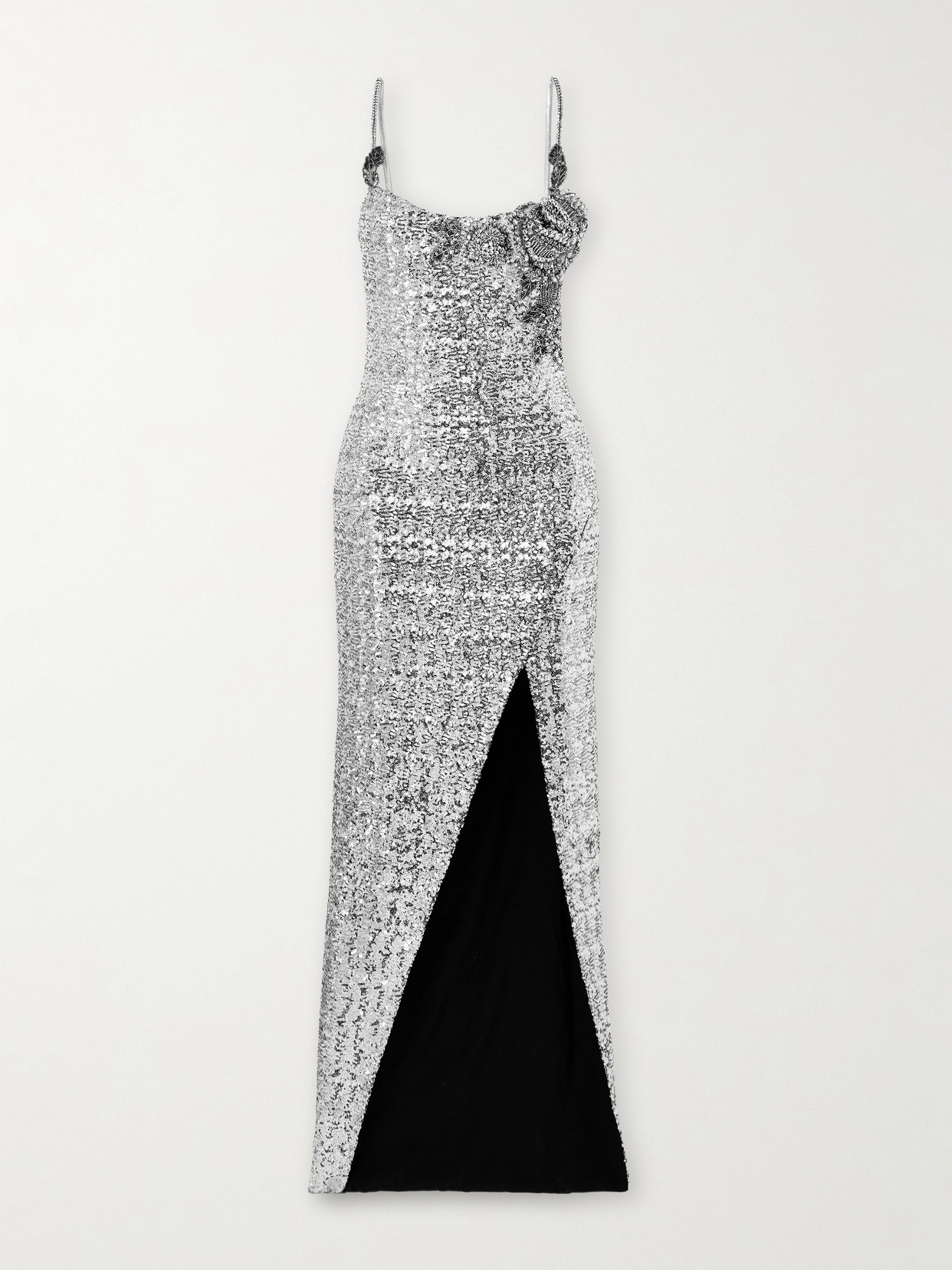 Balmain Sequined Column Gown With Rose Detail In Silver