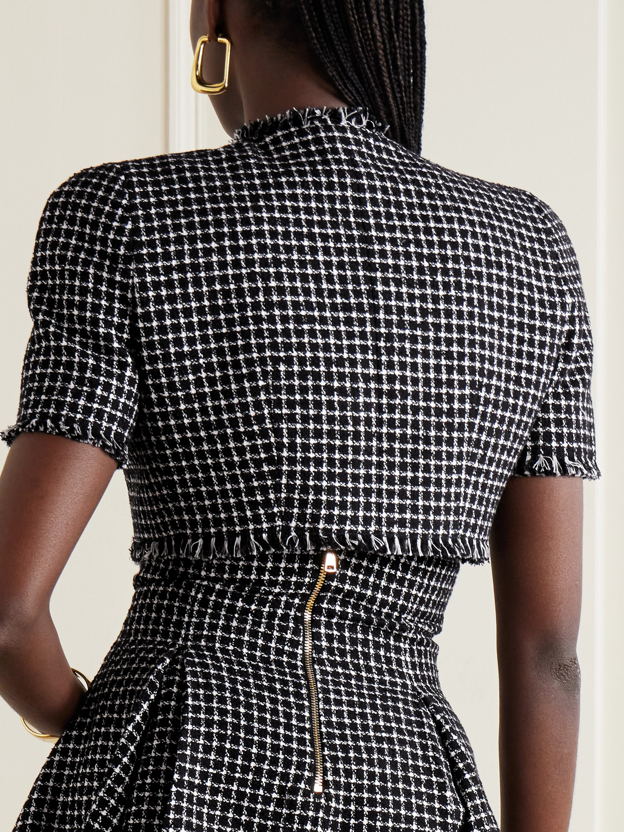 Balmain Cropped Embellished Cotton-blend Tweed Jacket In Black