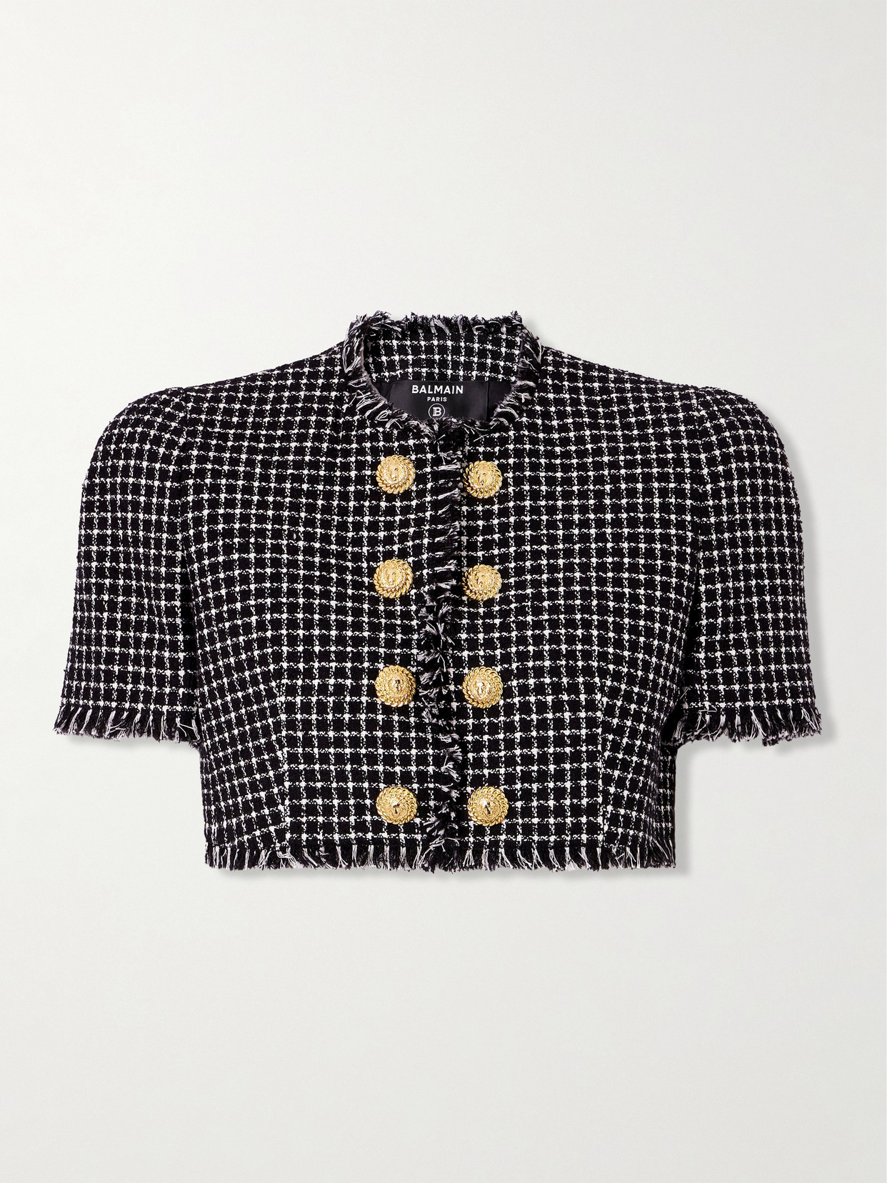 Balmain - Cropped Embellished Cotton-blend Tweed Jacket - Black