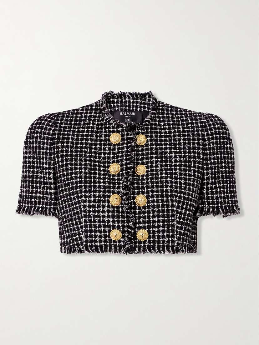 Balmain Cropped Embellished Cotton-blend Tweed Jacket