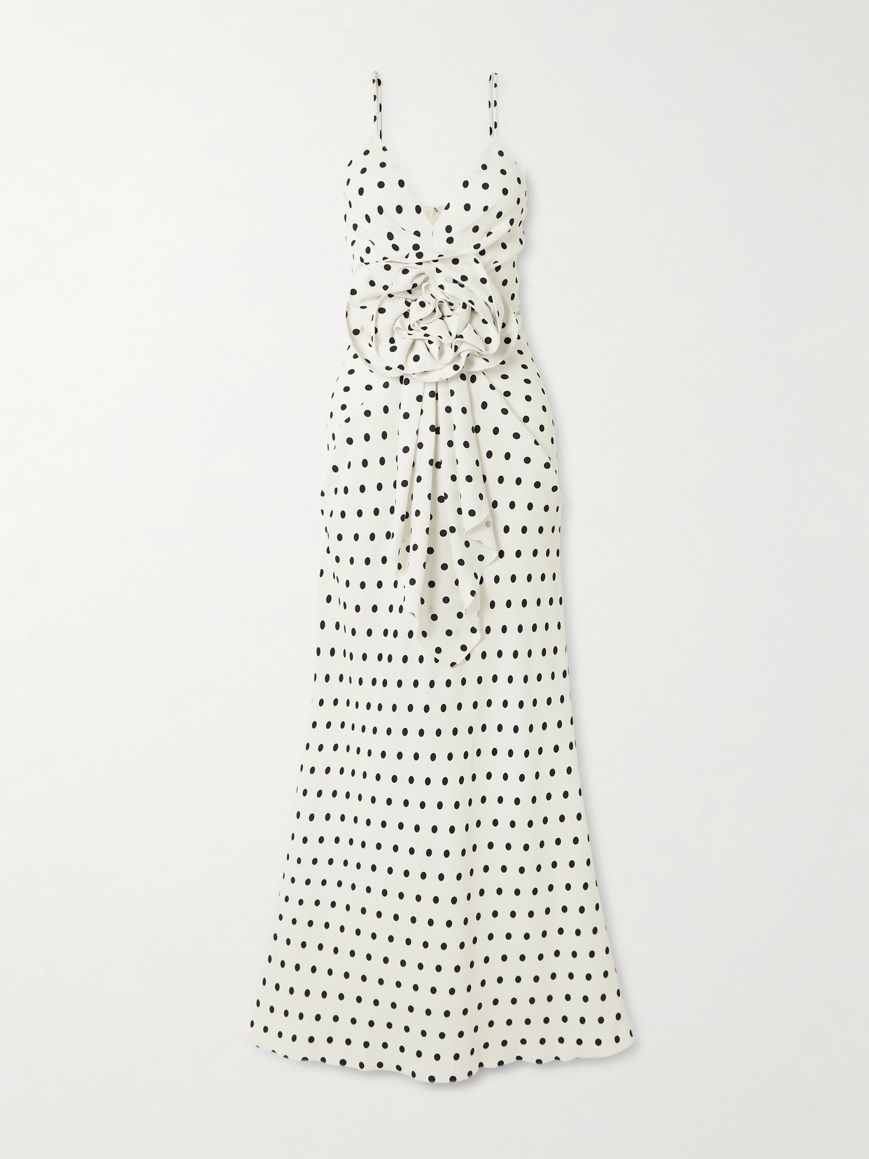 Shop Balmain Floral-appliquéd Gathered Polka-dot Crepe Gown In White