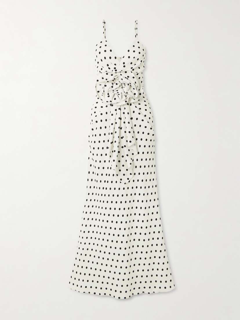 Balmain Floral-appliquéd Gathered Polka-dot Crepe Gown