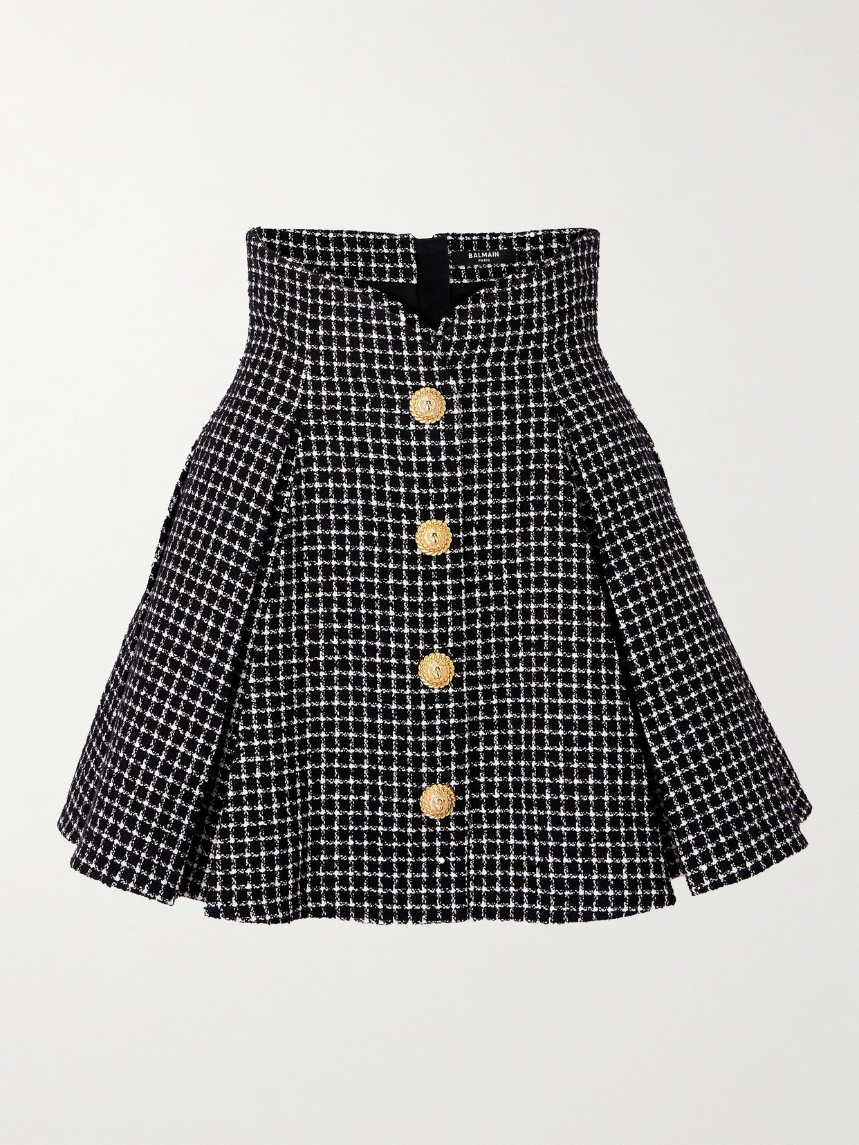 Balmain - Vichy Button-embellished Cotton-blend Tweed Mini Skirt - Black